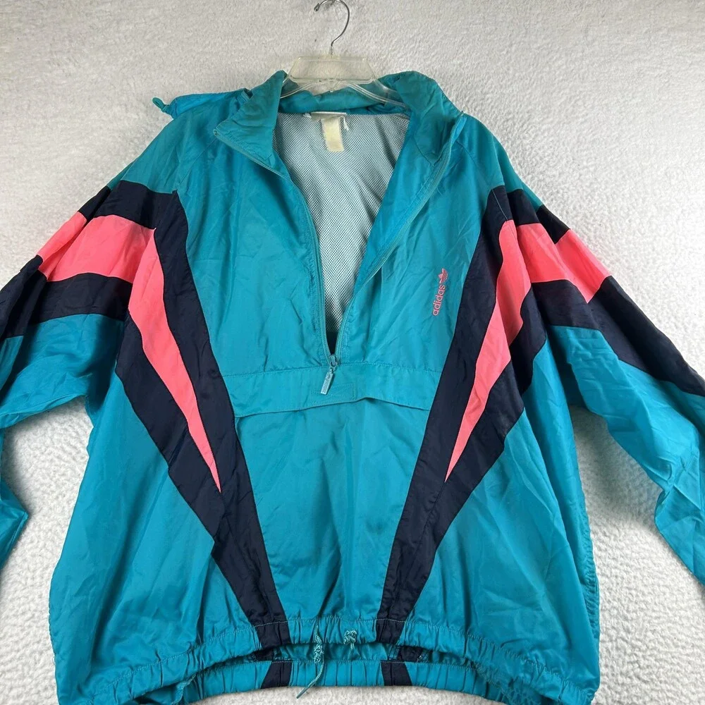Vintage Adidas Jacket Mens XL Blue Hooded Colorblock Windbreaker Pullover 80s